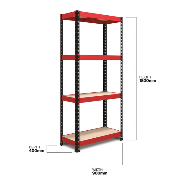 1800x900x400mm 300kg UDL 4x Tier Freestanding FastLok RB Boss Unit with Red & Black Powdercoated Steel Frame & MDF Shelves